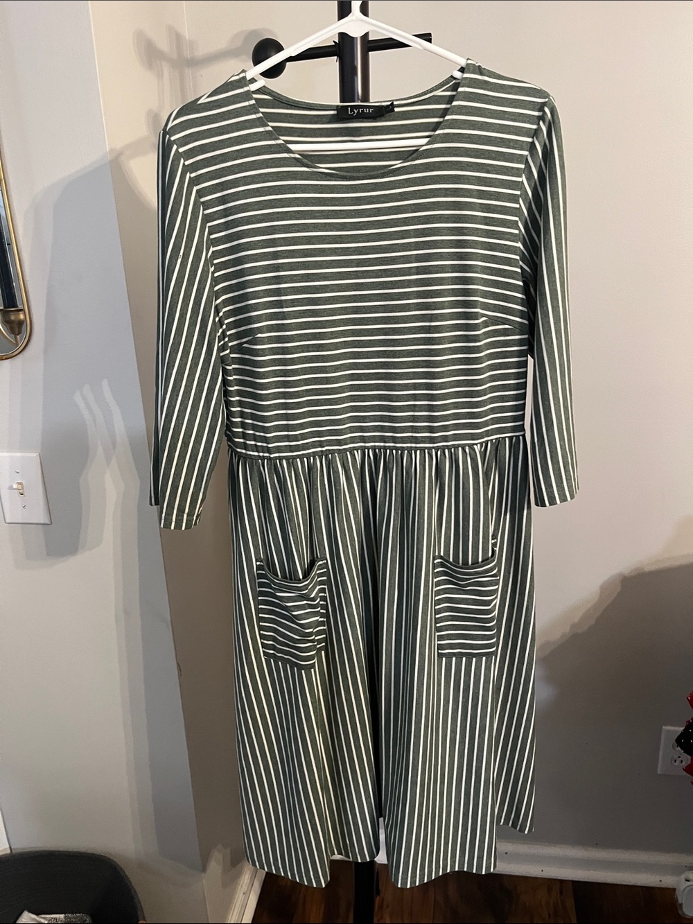 YRU Olive and White Striped Pocket Midi Dress with 3/4 Sleeves